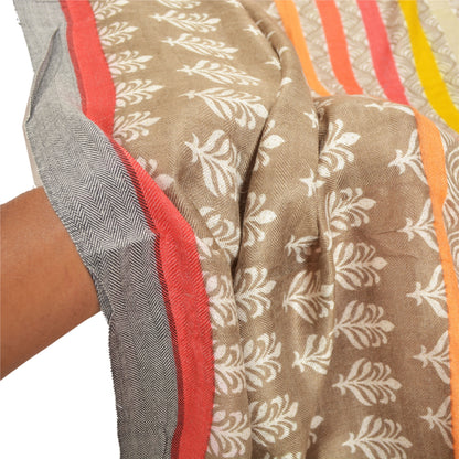 Sanskriti Vintage Dupatta Long Stole Pure Woolen Brown Wrap Shawl Printed Work