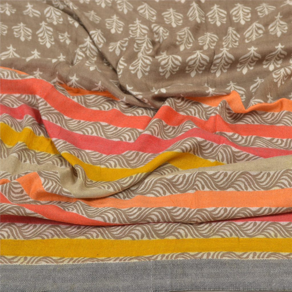 Sanskriti Vintage Dupatta Long Stole Pure Woolen Brown Wrap Shawl Block Printed Work