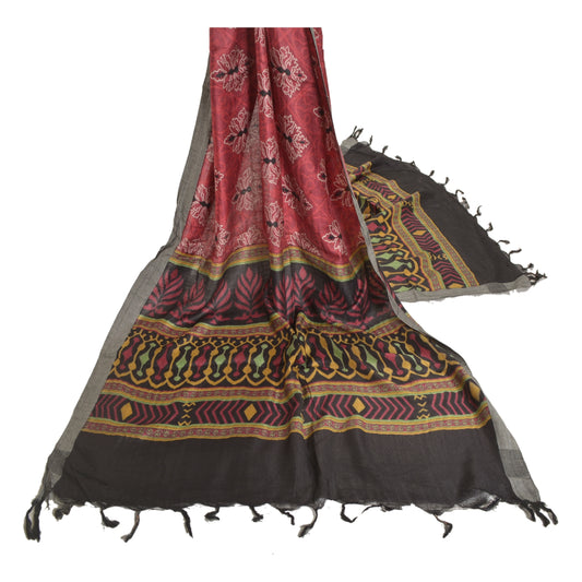 Sanskriti Vintage Dupatta Red & Black Pure Woolen Long Stole Shawl Floral Printed Work For Crafting, Upcycling, Even Wearing, Home Decor