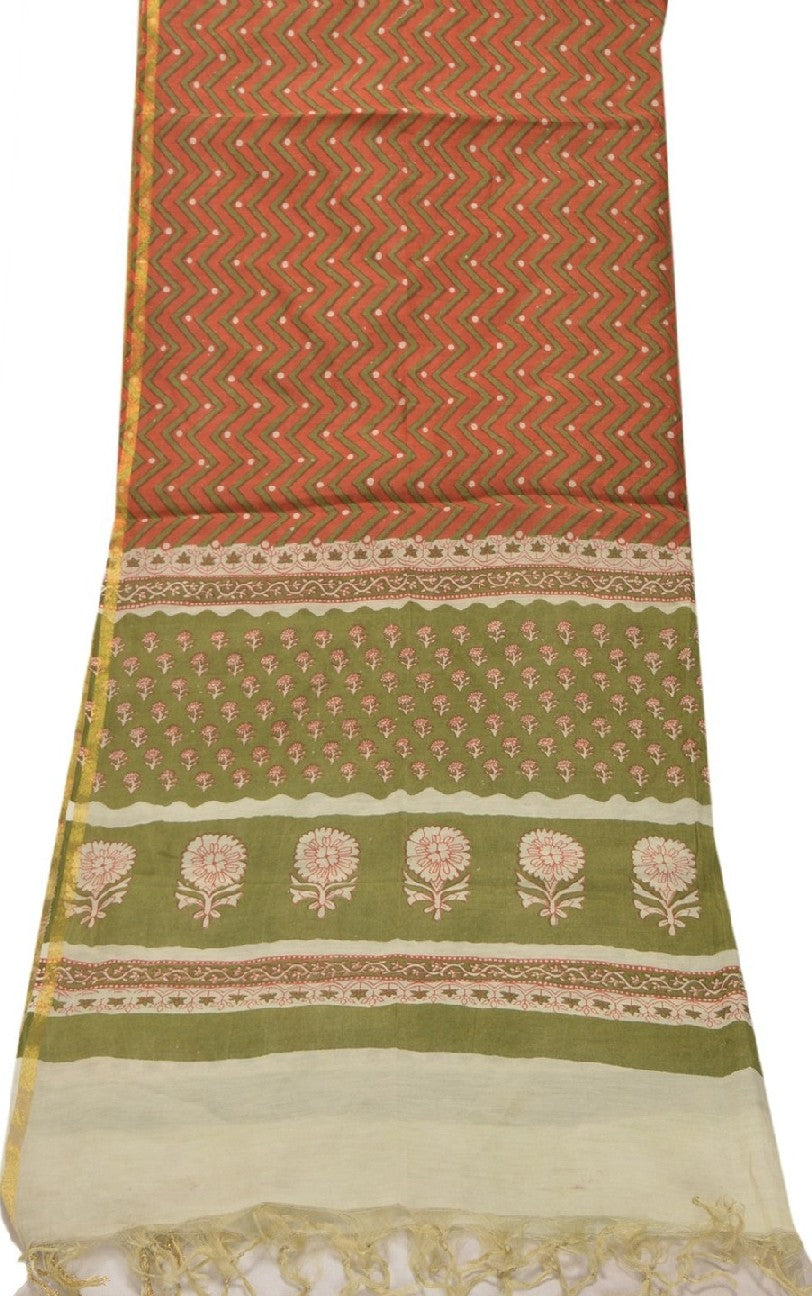 Sanskriti Vintage Dupatta Long Stole Chanderi Rusty Orange Printed Scarves