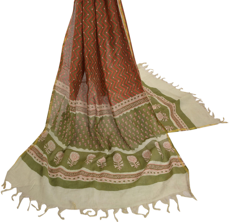 Sanskriti Vintage Dupatta Long Stole Chanderi Rusty Orange & Green Printed Scarves