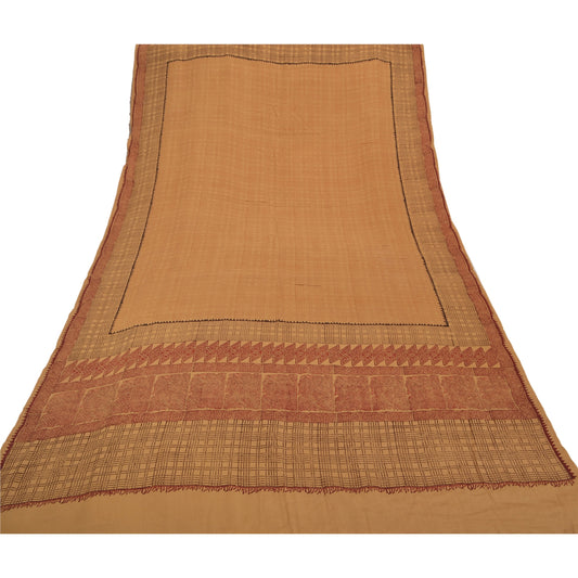 Sanskriti Vintage Geometric Print Pure Crepe Silk Dupatta Long Stole Brown Veil