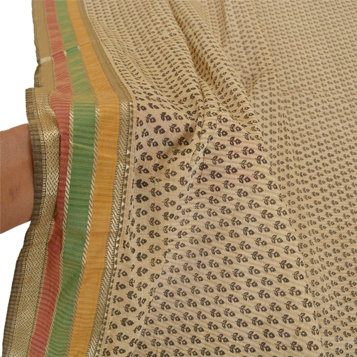 Sanskriti Vintage Hand Block Print-Woven Cotton Dupatta Cream Long Stole Veil