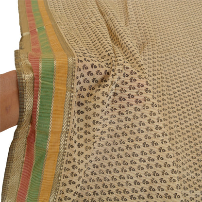 Sanskriti Vintage Hand Block Print-Woven Cotton Dupatta Cream Long Stole Veil