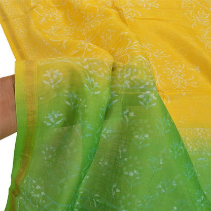 Sanskriti Vintage Pure Chanderi Hand Block Print Dupatta Stole Yellow Bagru Veil