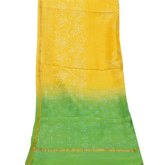 Sanskriti Vintage Pure Chanderi Hand Block Print Dupatta Stole Yellow Bagru Veil
