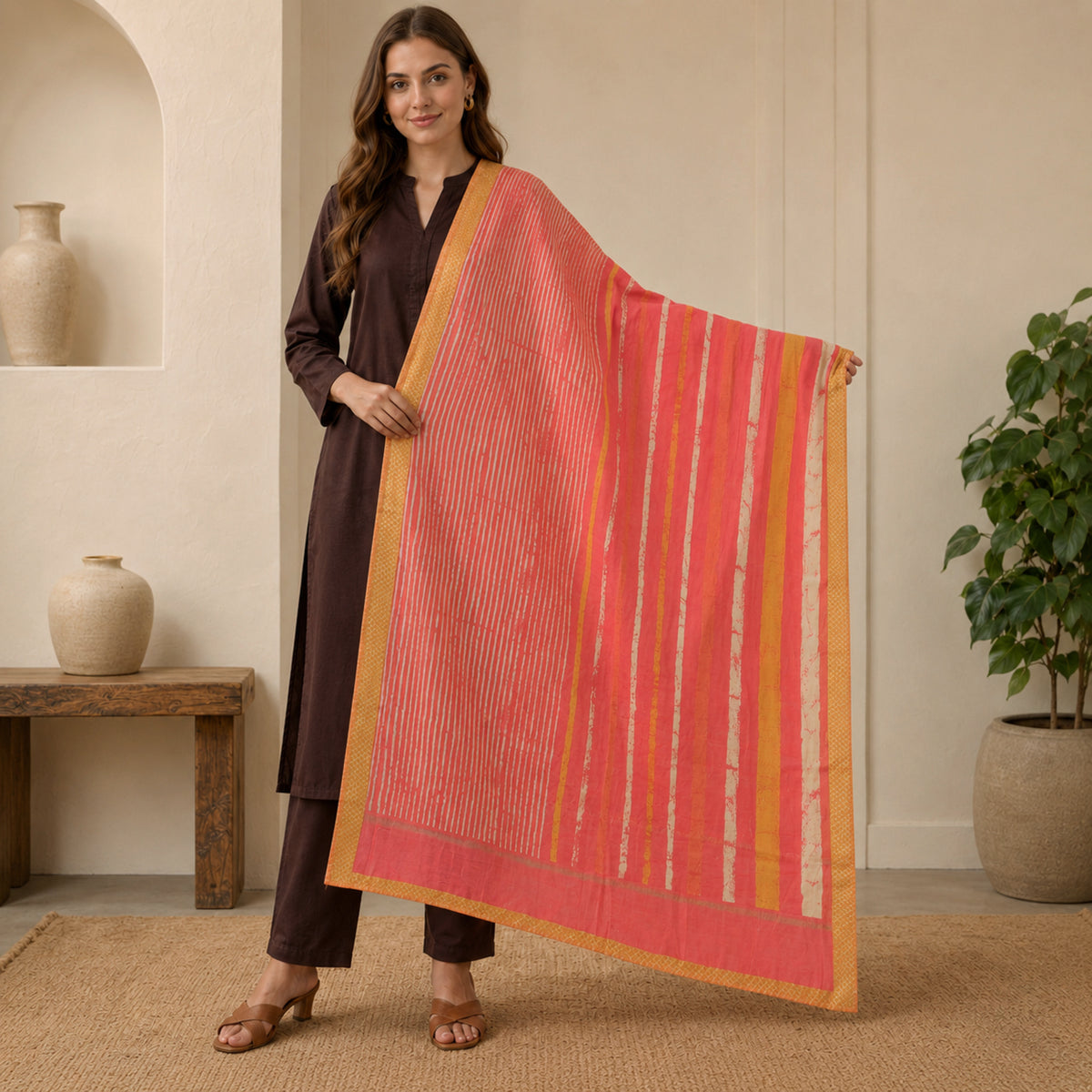Sanskriti Vintage Chanderi Batik Print Dupatta Long Stole Red Hijab Indian Veil