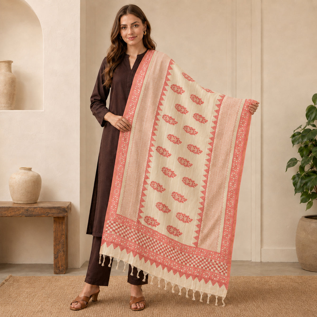 Sanskriti Vintage Block Printed Cotton Dupatta Cream-Red Long Stole Indian Veil