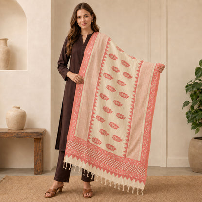 Sanskriti Vintage Block Printed Cotton Dupatta Cream-Red Long Stole Indian Veil
