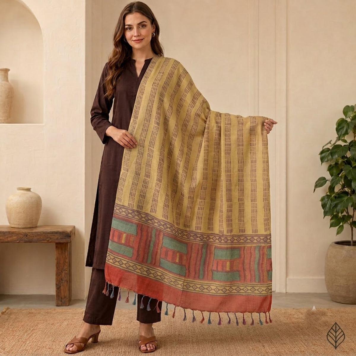 Sanskriti Vintage Geometric Block Print Pure Silk Dupatta Cream Long Stole Veil
