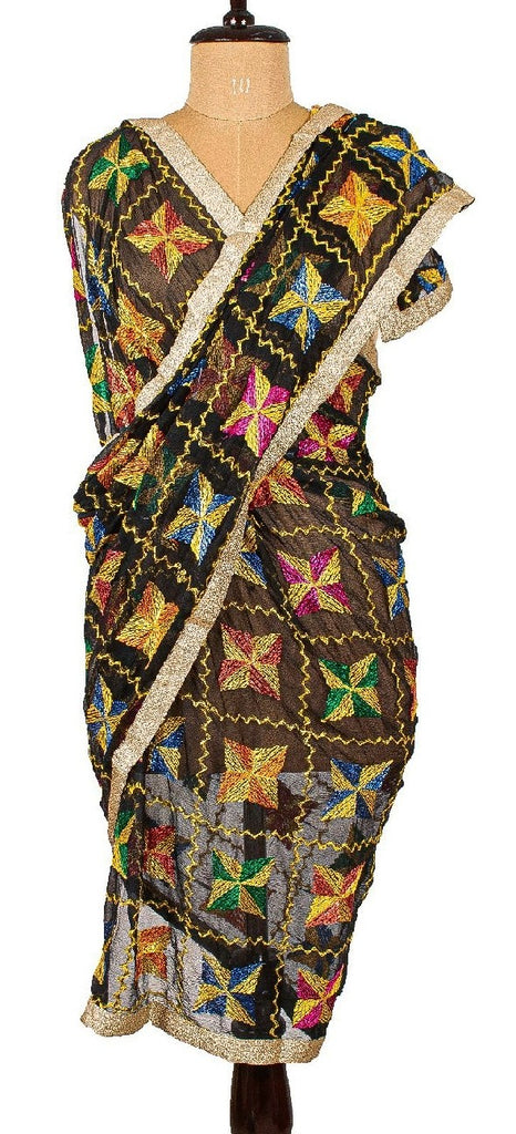 Sanskriti Vintage Dupatta Long Stole Chiffon Black Embroidered Bagh Phulkari