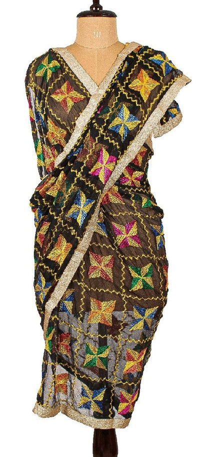 Sanskriti Vintage Dupatta Long Stole Chiffon Black Embroidered Bagh Phulkari