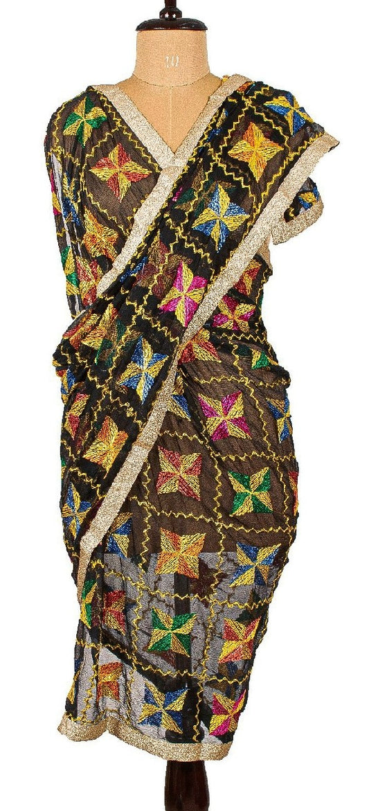 Sanskriti Vintage Dupatta Long Stole Chiffon Black Embroidered Bagh Phulkari