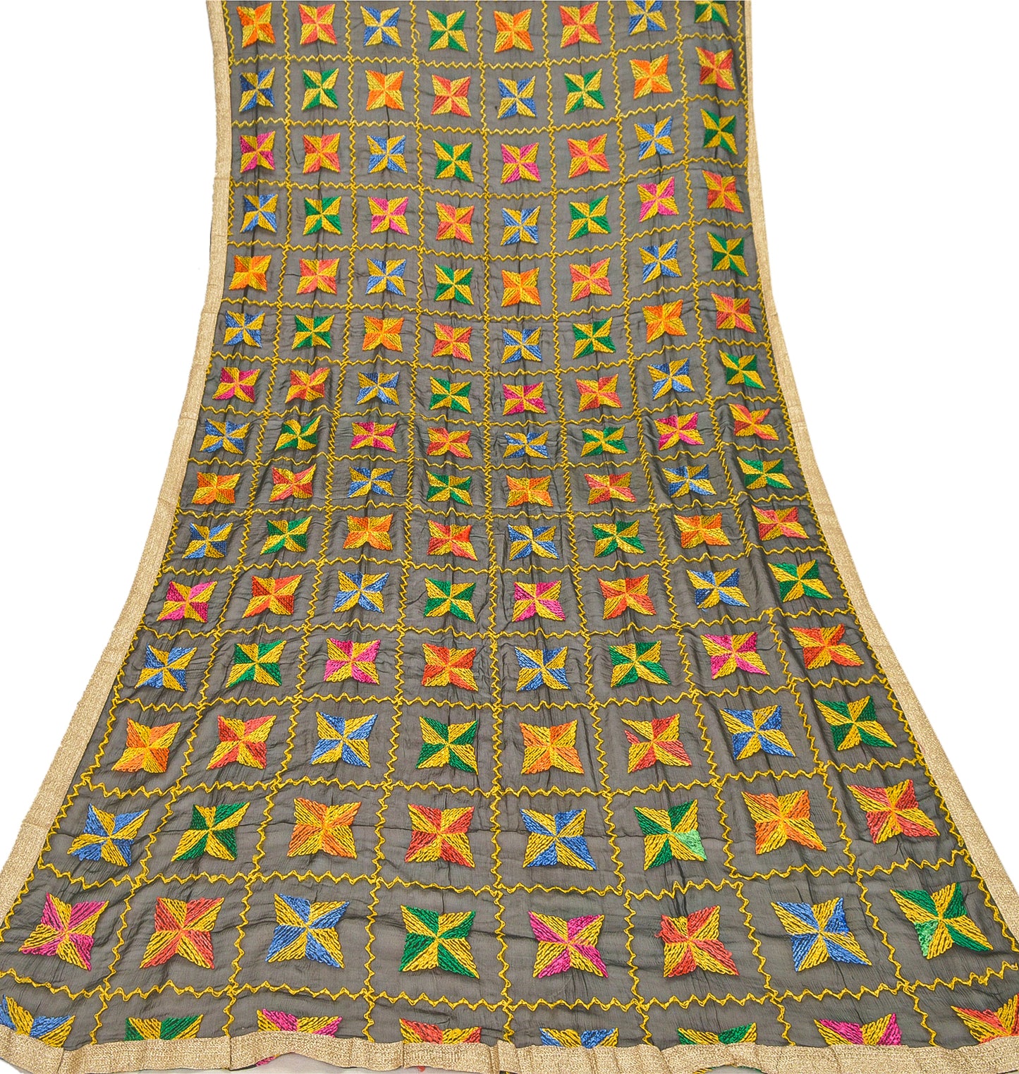 Sanskriti Vintage Dupatta Long Stole Chiffon Black Embroidered Bagh Phulkari