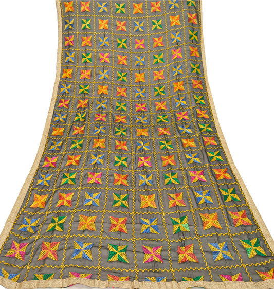 Sanskriti Vintage Dupatta Long Stole Chiffon Black Embroidered Bagh Phulkari