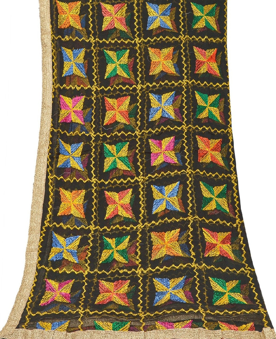 Sanskriti Vintage Dupatta Long Stole Chiffon Black Embroidered Bagh Phulkari