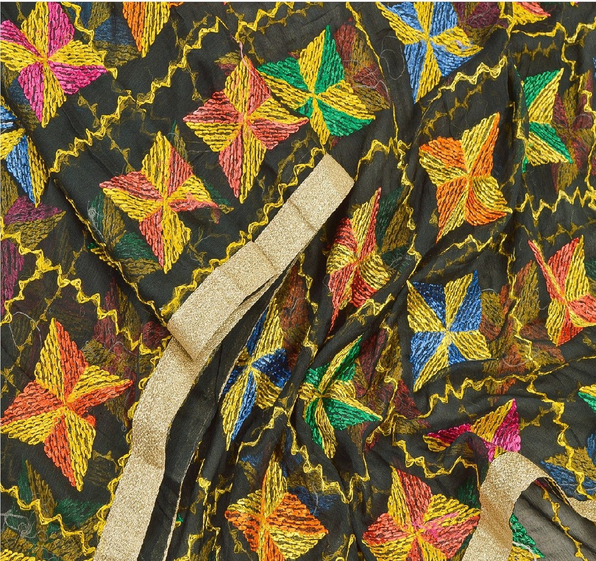 Sanskriti Vintage Dupatta Long Stole Chiffon Black Embroidered Bagh Phulkari