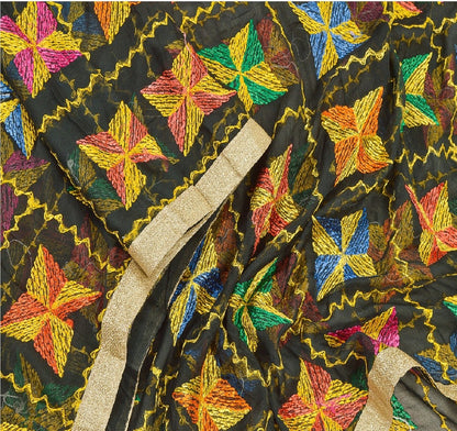 Sanskriti Vintage Dupatta Long Stole Chiffon Black Embroidered Bagh Phulkari