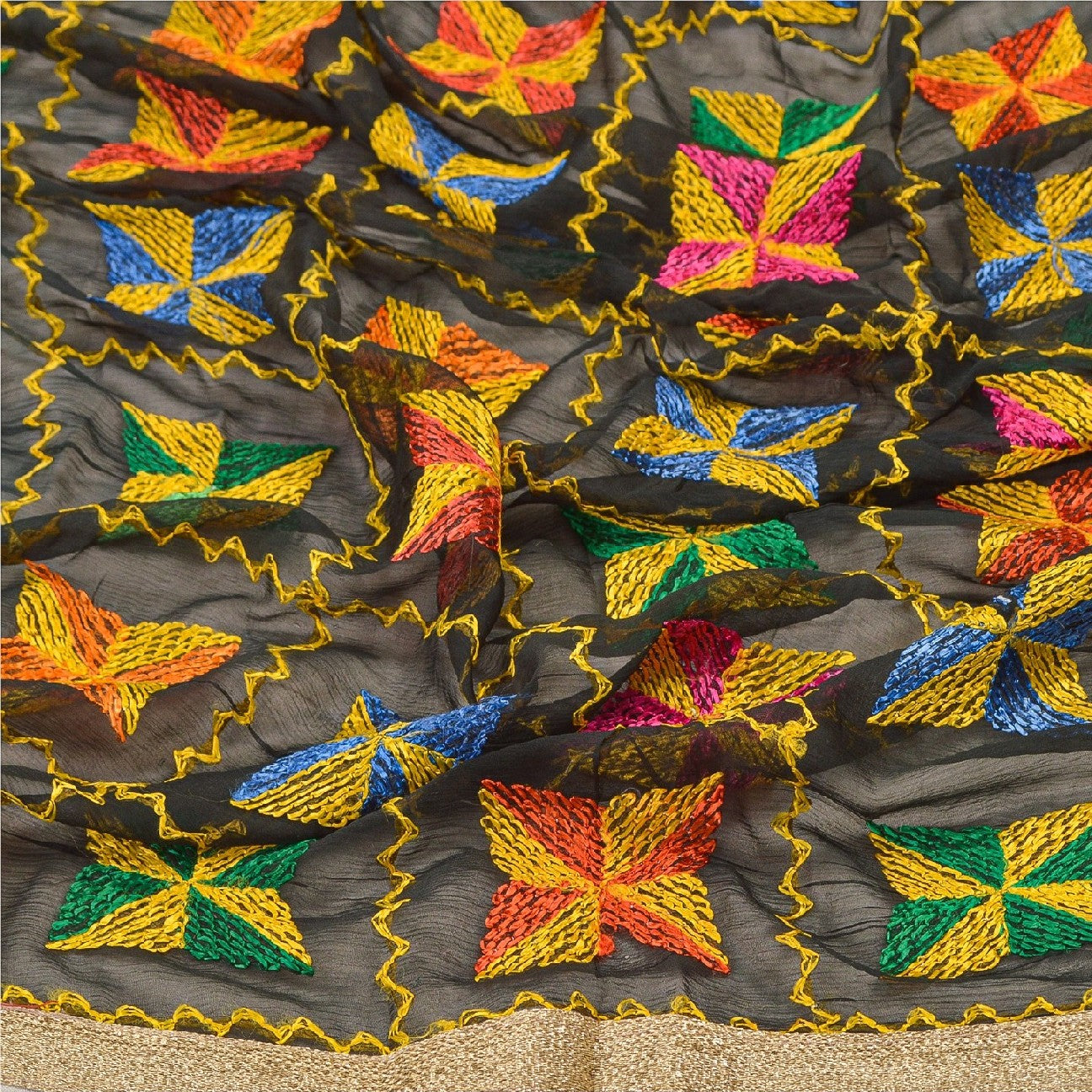 Sanskriti Vintage Dupatta Long Stole Chiffon Black Embroidered Bagh Phulkari