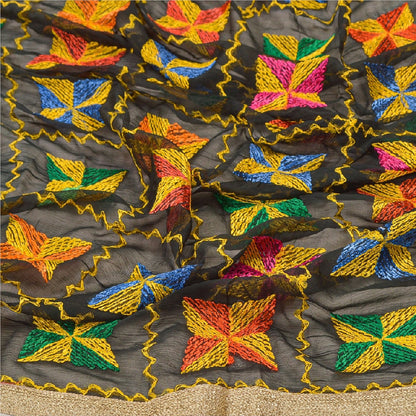 Sanskriti Vintage Dupatta Long Stole Chiffon Black Embroidered Bagh Phulkari