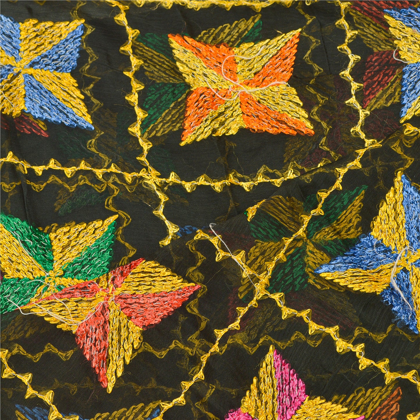 Sanskriti Vintage Dupatta Long Stole Chiffon Black Embroidered Bagh Phulkari