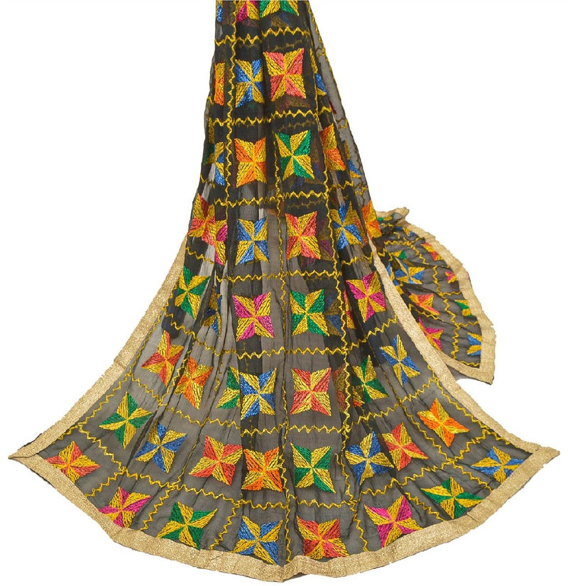 Sanskriti Vintage Dupatta Long Stole Chiffon Black Embroidery Bagh Phulkari Veil From Himachal Panjab Of India Textile Heritage Home Decor, Sewing