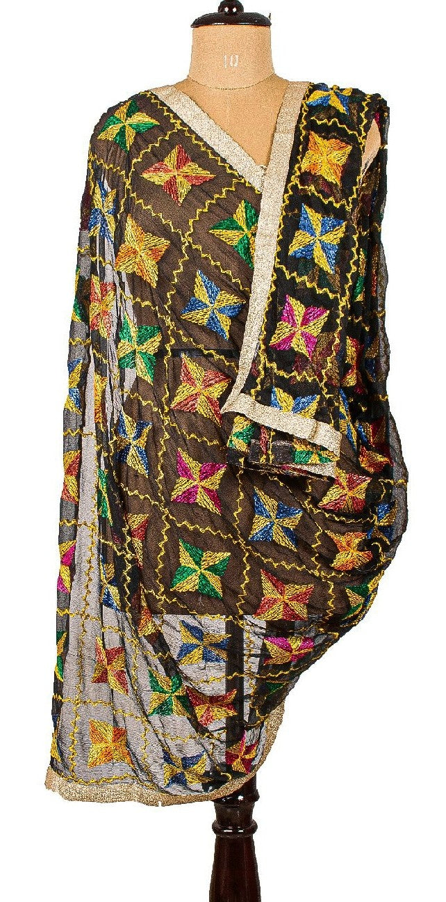 Sanskriti Vintage Dupatta Long Stole Chiffon Black Embroidered Bagh Phulkari