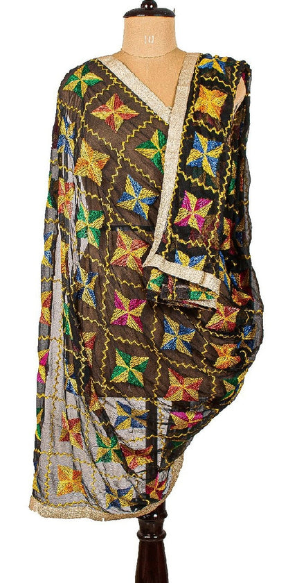 Sanskriti Vintage Dupatta Long Stole Chiffon Black Embroidered Bagh Phulkari