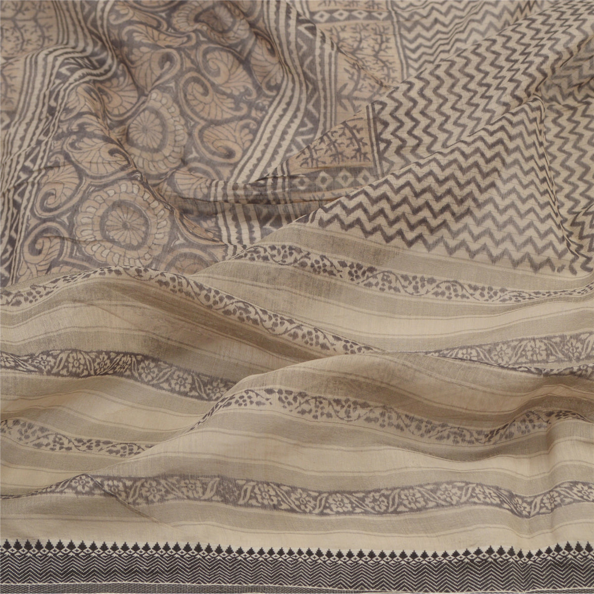 Sanskriti Vintage Hand Block Print Chanderi Dupatta Indian Stole Pale Cream Veil