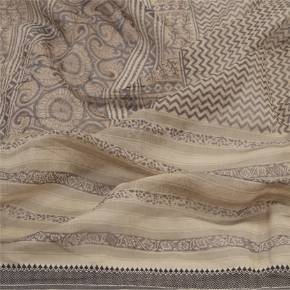 Sanskriti Vintage Hand Block Print Chanderi Dupatta Indian Stole Pale Cream Veil