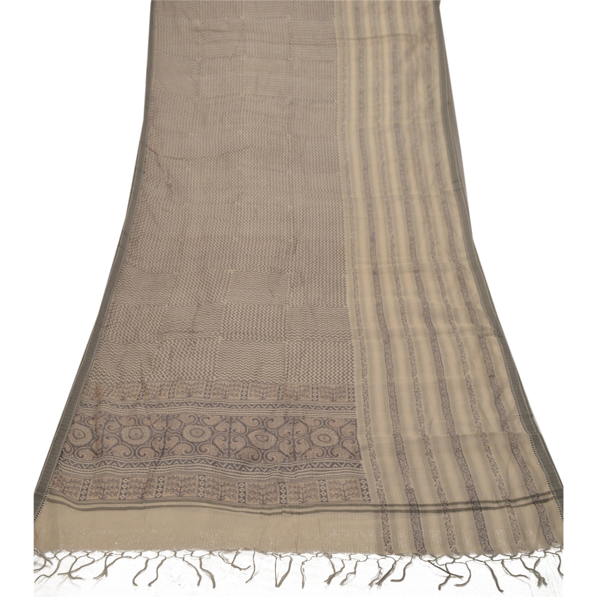 Sanskriti Vintage Hand Block Print Chanderi Dupatta Indian Stole Pale Cream Veil