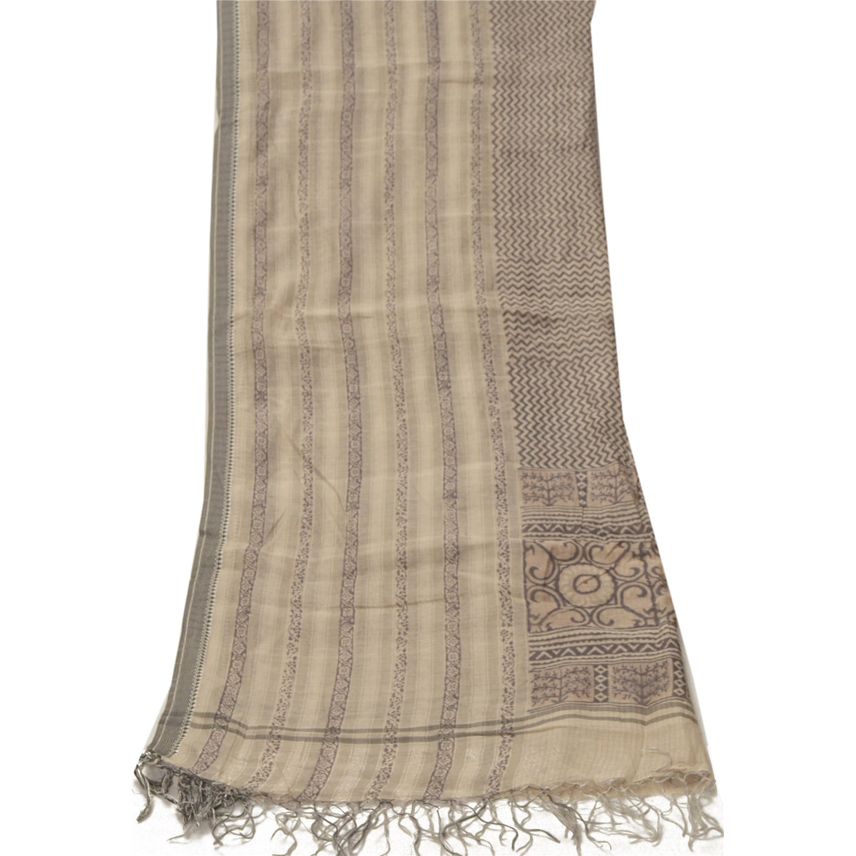 Sanskriti Vintage Hand Block Print Chanderi Dupatta Indian Stole Pale Cream Veil