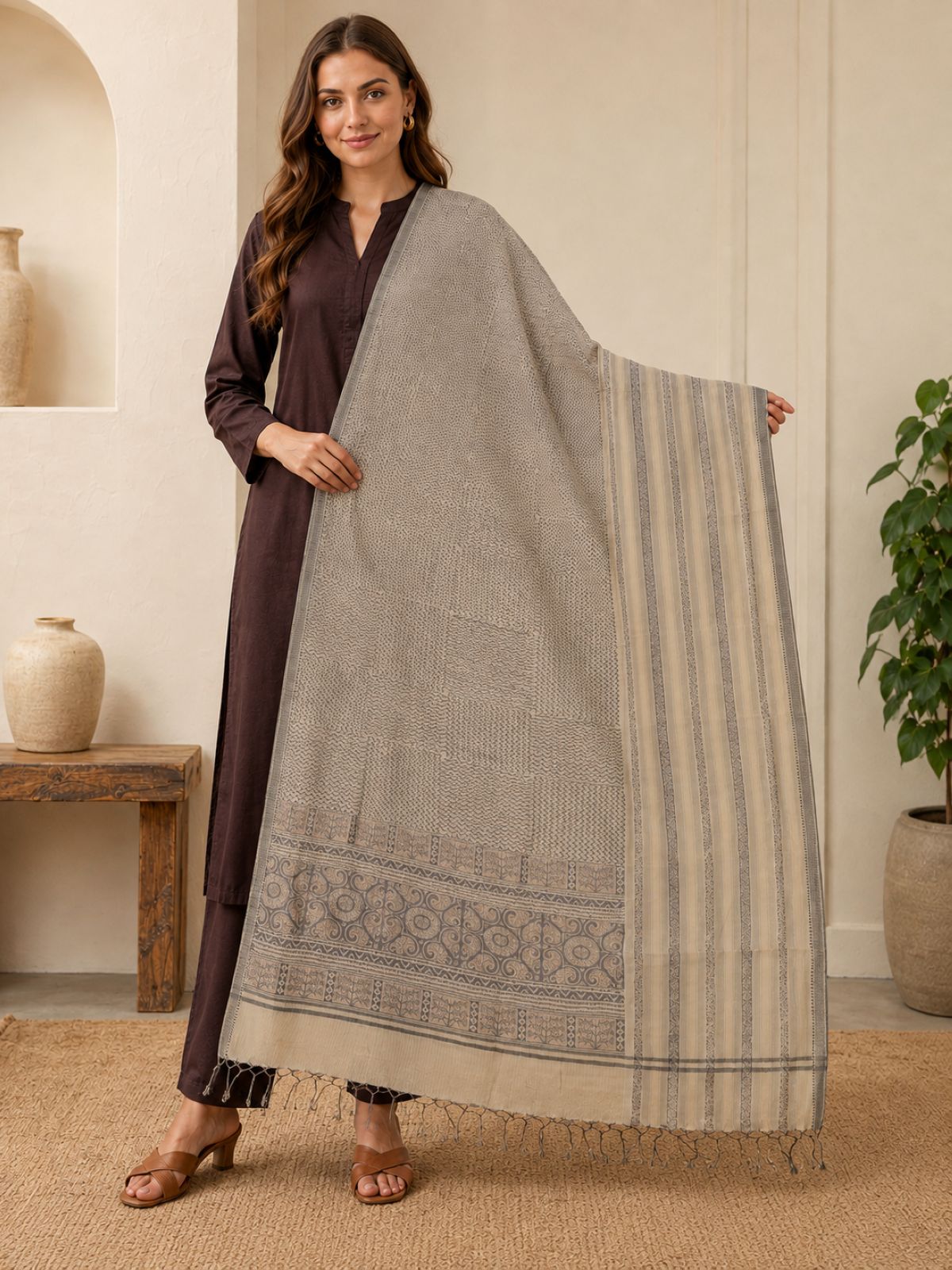 Sanskriti Vintage Hand Block Print Chanderi Dupatta Indian Stole Pale Cream Veil
