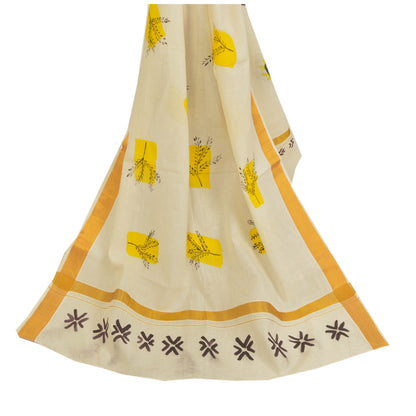Sanskriti Vintage Hand-Painted Cotton Dupatta Long Stole Off-White Wrap Veil