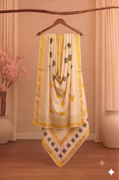 Sanskriti Vintage Hand-Painted Cotton Dupatta Long Stole Off-White Wrap Veil