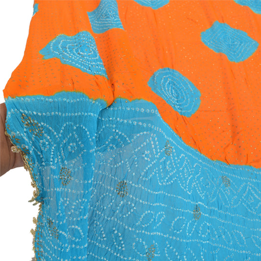 Sanskriti Vintage Dupatta Long Stole Georgette Orange & Blue Bandhani Work Scarf