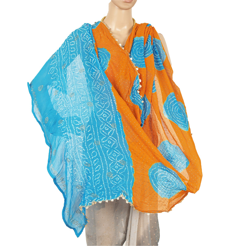 Sanskriti Vintage Dupatta Georgette Orange & Blue Long Stole Bandhani Work Geometric From Gujrat Indian Textile Heritage Supplies