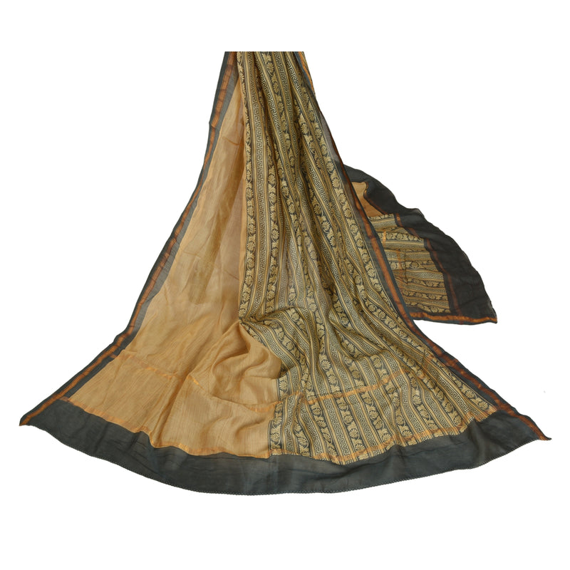Sanskriti Vintage Dupatta Long Stole 100% Pure Silk Brown Print Zari Border Veil