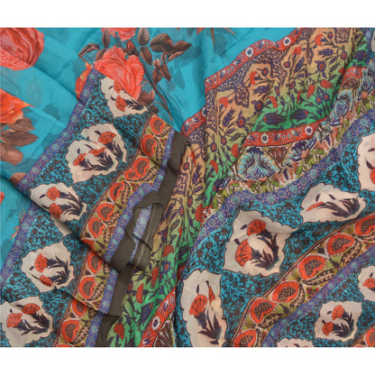 Sanskriti Vintage Floral Print Georgette Dupatta Long Stole Hijab Blue Wrap Veil