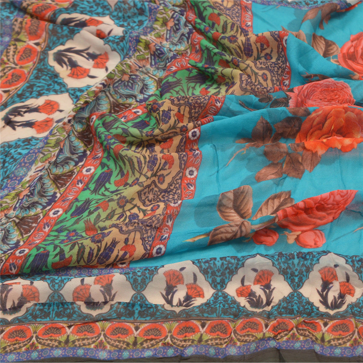 Sanskriti Vintage Floral Print Georgette Dupatta Long Stole Hijab Blue Wrap Veil