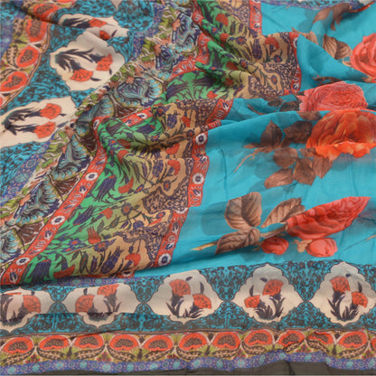 Sanskriti Vintage Floral Print Georgette Dupatta Long Stole Hijab Blue Wrap Veil