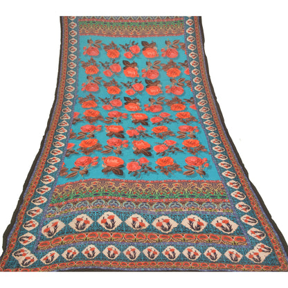 Sanskriti Vintage Floral Print Georgette Dupatta Long Stole Hijab Blue Wrap Veil