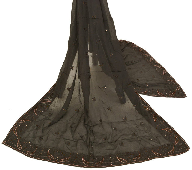 Sanskriti Vintage Dupatta Long Georgette Black Embroidered Hijab StoleUses-Crafts Sewing Patchwork Home Decor, Bag Making