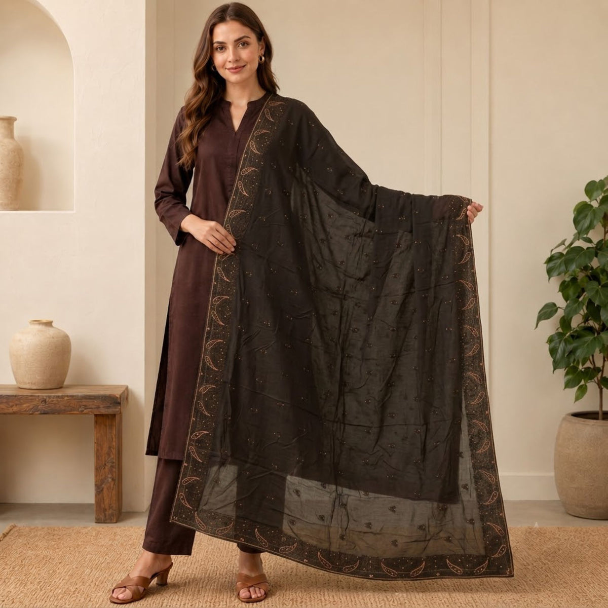 Sanskriti Vintage Embroidered Georgette Dupatta Long Stole Black Wrap Soft Veil