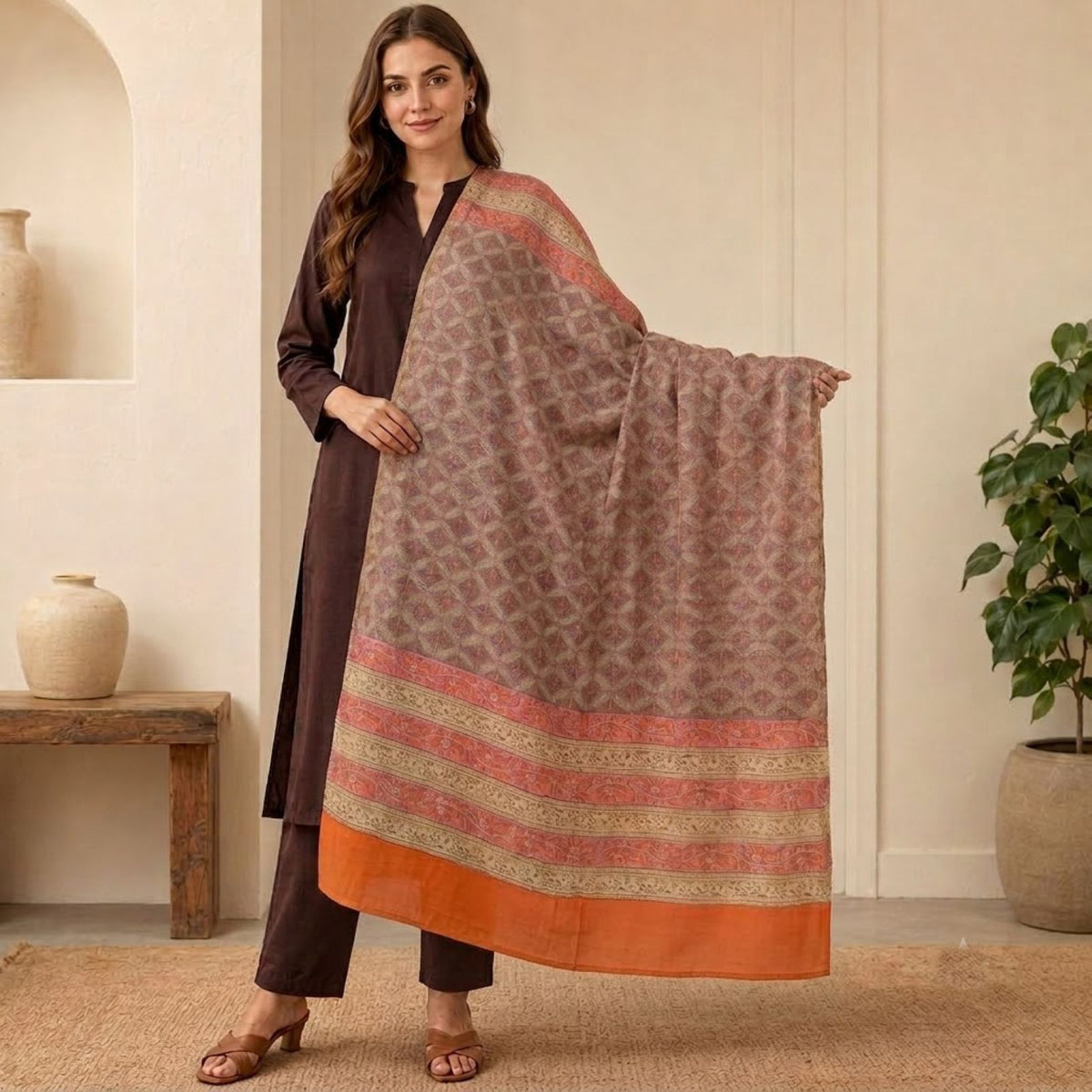 Sanskriti Vintage Floral Printed Cotton Dupatta Brown Long Stole Indian Sof Veil