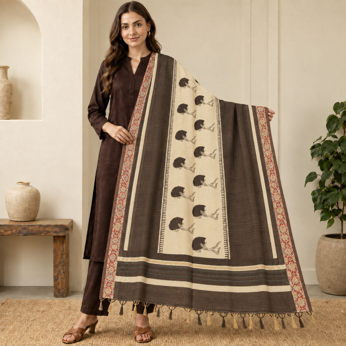Sanskriti Vintage Hand Block Printed-Woven Cotton Dupatta Long Stole Brown Veil