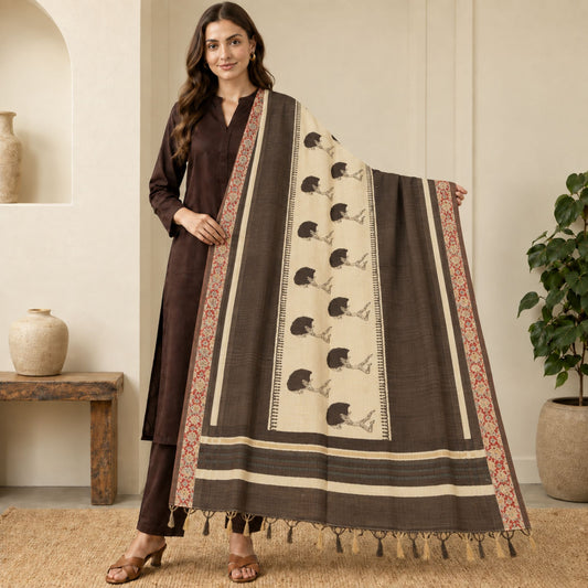 Sanskriti Vintage Hand Block Printed-Woven Cotton Dupatta Long Stole Brown Veil