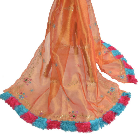 Sanskriti Vintage Dupatta Long Stole Tissue Golden Hand Beaded Zari Scarves