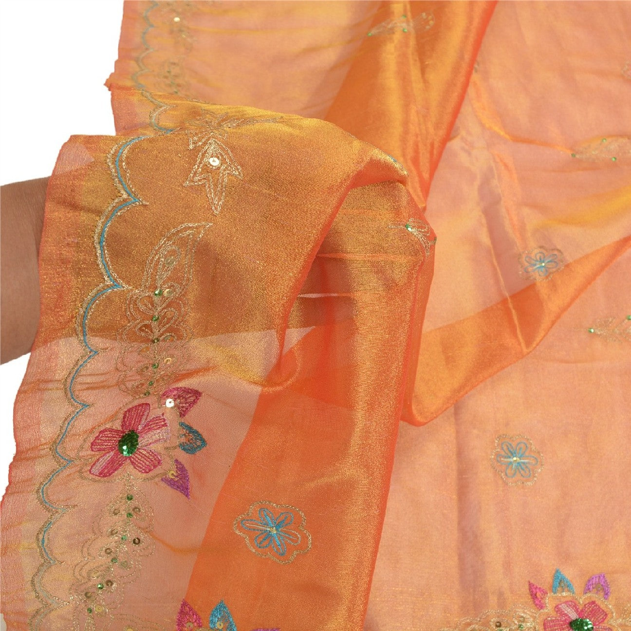 Sanskriti Vintage Dupatta Long Scarf Tissue Golden Hand Beaded Zari Scarves