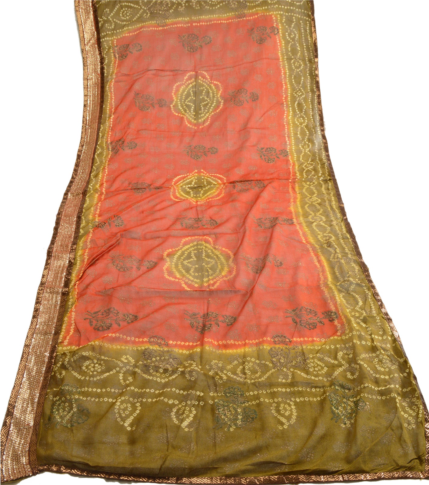 Sanskriti Vintage Dupatta Long Stole Georgette Green Bandhani Work Scarves